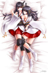 Rule 34 | 10s, 2girls, akatsuki akane, black hair, breast press, detached sleeves, fusou (kancolle), highres, interlocked fingers, japanese clothes, kantai collection, long hair, long sleeves, looking at viewer, multiple girls, nontraditional miko, on bed, personification, pillow, pleated skirt, red eyes, skirt, smile, symmetrical docking, wide sleeves, yamashiro (kancolle), yuri