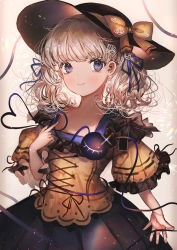 Rule 34 | 1girl, adapted costume, backlighting, black hat, black skirt, blonde hair, blouse, blush, bow, chromatic aberration, closed mouth, commentary request, corset, cowboy shot, cross-laced clothes, earrings, eyeball, grey background, hair ribbon, hand up, hat, hat bow, heart, heart of string, highres, index finger raised, jewelry, komeiji koishi, looking at viewer, majamari, medium hair, purple eyes, purple ribbon, ribbon, shirt, simple background, skirt, smile, solo, third eye, touhou, wavy hair, yellow bow, yellow shirt