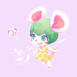 Rule 34 | 1girl, animal crossing, animal ears, artist name, bag, blush, bree (animal crossing), bug, butterfly, furry, furry female, green eyes, green hair, highres, insect, mata, mouse (animal), mouse ears, mouse tail, nintendo, open mouth, purple background, solo, tail