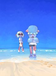Rule 34 | 2girls, aspara, beach, black shorts, blue hair, blue sky, closed eyes, from behind, full body, highres, inkling, inkling girl, inkling player character, long hair, looking at another, multiple girls, nintendo, open mouth, sandals, shirt, short hair, shorts, sky, smile, splatoon (series), standing, tentacle hair, unworn sandals, white shirt