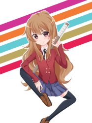 Rule 34 | &gt;:), 1girl, aisaka taiga, black thighhighs, blue skirt, brown eyes, brown hair, closed mouth, elbow on knee, highres, holding, holding sword, holding weapon, jacket, long hair, long sleeves, looking at viewer, oohashi high school uniform, red jacket, reolgaia, school uniform, sitting, skirt, smile, smug, solo, sword, thighhighs, toradora!, v-shaped eyebrows, very long hair, weapon, wooden sword, zettai ryouiki
