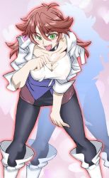 Rule 34 | 1girl, bent over, boots, breasts, cleavage cutout, clothing cutout, collarbone, fang, green eyes, hair between eyes, holding, holding clothes, holding shirt, jacket, large breasts, leggings, long hair, onnaski, open mouth, pantyhose, red hair, sakurai sagiri, shirt, solo, super robot wars, super robot wars t, white footwear, white jacket