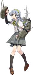 Rule 34 | 10s, 1girl, :d, black socks, braid, fujikawa, full body, grey eyes, hairband, kantai collection, long hair, looking at viewer, machinery, official art, open mouth, pleated skirt, school uniform, shoes, silver hair, single braid, skirt, smile, socks, solo, suspenders, transparent background, turret, yamagumo (kancolle)