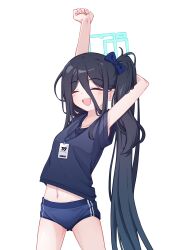 Rule 34 | 1girl, absurdly long hair, absurdres, aris (blue archive), arm behind head, arms up, black shirt, blue archive, blue buruma, buruma, clenched hand, closed eyes, gluteal fold, green halo, gym uniform, hair between eyes, halo, highres, huwa hu8, legs apart, long hair, long hair between eyes, navel, open mouth, rectangular halo, shirt, short sleeves, side ponytail, smile, solo, standing, stretching, thighs, very long hair