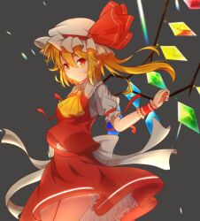 Rule 34 | 1girl, ascot, back bow, bow, breasts, closed mouth, collared shirt, cowboy shot, flandre scarlet, frilled shirt collar, frilled sleeves, frills, glowing, glowing wings, grey background, hair between eyes, hat, hat ribbon, large bow, long hair, looking at viewer, mob cap, morino kino, multicolored wings, petticoat, puffy short sleeves, puffy sleeves, rainbow order, red eyes, red ribbon, red skirt, red vest, ribbon, shirt, short sleeves, simple background, skirt, skirt set, sleeve ribbon, small breasts, solo, touhou, vest, white bow, white hat, white shirt, wings, wrist cuffs, yellow ascot