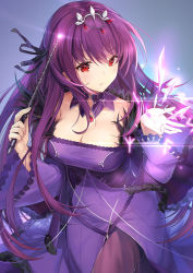 Rule 34 | 1girl, bare shoulders, black ribbon, blush, breasts, cleavage, detached collar, dress, fate/grand order, fate (series), feather trim, hair between eyes, hair ribbon, headpiece, holding, holding wand, jewelry, kagachi saku, large breasts, long hair, long sleeves, necklace, pantyhose, parted lips, purple dress, purple hair, purple pantyhose, red eyes, ribbon, runes, scathach (fate), scathach skadi (fate), solo, tiara, wand, wide sleeves