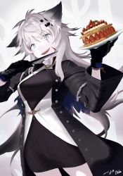 Rule 34 | 1girl, :d, animal ears, arknights, black coat, black dress, black gloves, breasts, cake, chain, coat, commentary request, cowboy shot, dress, food, gloves, grey eyes, hair between eyes, hair ornament, hairclip, highres, holding, holding knife, holding plate, jacket, jewelry, kitchen knife, knife, lappland (arknights), lappland (refined horrormare) (arknights), long hair, looking at viewer, necklace, ochako (kemomimiochanu), official alternate costume, open mouth, parted lips, plate, scar, scar across eye, scar on face, sharp teeth, short dress, silver hair, small breasts, smile, solo, standing, strawberry shortcake, teeth, white jacket
