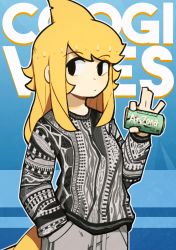 Rule 34 | 1girl, apricot (d-floe), black eyes, blonde hair, can, cowboy shot, d-floe, expressionless, fins, fish tail, grey pants, hand in pocket, holding, holding can, long hair, long sleeves, original, outline, pants, print sweater, shadow, shark tail, solo, sweater, tail, white outline