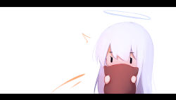 Rule 34 | 1girl, ^^^, chibi, covered mouth, hair between eyes, halo, highres, holding, holding pillow, letterboxed, long hair, motion lines, hugging object, original, pillow, pillow hug, shimmer, solid oval eyes, solo, white background, white hair