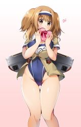 Rule 34 | 10s, 1girl, box, breasts, brown eyes, brown hair, commentary request, gift, gift box, gradient background, heart, highleg, highleg swimsuit, highres, i-26 (kancolle), jacket, kantai collection, knees together feet apart, large breasts, legs together, long hair, machinery, name tag, ruri rarako, school swimsuit, short sleeves, smile, solo, swimsuit, two side up, valentine