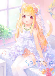 Rule 34 | 1girl, :d, animal ear fluff, animal ears, bad id, bad pixiv id, bare shoulders, bed, blonde hair, blurry, blurry background, bow, bow panties, brown flower, brown rose, cat ears, cat girl, cat tail, collarbone, commentary request, depth of field, dress, flower, garter straps, hair flower, hair ornament, highres, indoors, long hair, looking at viewer, mutou mato, on bed, open mouth, original, panties, pink flower, pink panties, pink rose, rose, sample watermark, scrunchie, sitting, smile, solo, strapless, strapless dress, tail, thighhighs, underwear, veil, very long hair, watermark, white dress, white flower, white scrunchie, white thighhighs, window, wrist scrunchie, yellow flower