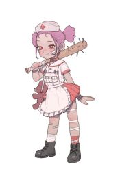 Rule 34 | 1girl, apron, bandage on face, bandages, bandaid, bandaid on leg, baseball bat, black footwear, child, closed mouth, dress, fang, fang out, female focus, full body, hat, highres, looking at viewer, nurse, nurse cap, opossumachine, original, pink hair, red dress, red eyes, simple background, smile, solo, standing, waist apron, white apron