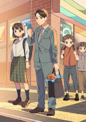 Rule 34 | 1girl, 3boys, absurdres, backpack, bag, black socks, blue pants, blue suit, blush, brown eyes, brown hair, brown pants, checkered clothes, checkered skirt, closed mouth, collared shirt, commentary, curious, dog, dusk, formal, green skirt, grey hoodie, grey necktie, highres, holding, holding bag, holding phone, hood, hoodie, kojiro337, looking at animal, looking at phone, mary janes, multiple boys, necktie, original, outdoors, pants, parted lips, pavement, phone, pleated skirt, school bag, shirt, shoes, short hair, skirt, socks, standing, suit, t-shirt, white shirt