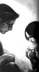 Rule 34 | 1boy, 1girl, age difference, child, face, father and daughter, greyscale, harry mason, heather mason, height difference, highres, ito masahiro, jewelry, monochrome, necklace, novel, official art, scan, silent hill, silent hill (series), silent hill 1, silent hill 3, size difference