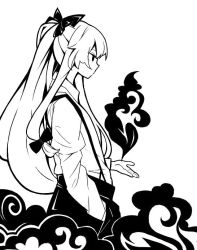Rule 34 | 1girl, bow, fire, from side, fujiwara no mokou, greyscale, hair bow, hand in pocket, hanokami, high contrast, long hair, long sleeves, monochrome, multiple bows, pants, pyrokinesis, shirt, simple background, solo, suspenders, touhou