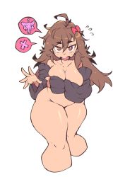 Rule 34 | 1girl, absurdres, ahoge, bare shoulders, bottomless, bow, breasts, brown eyes, brown hair, commentary, covering privates, covering breasts, curvy, elephant, fate/extra, fate/extra ccc, fate (series), flying sweatdrops, hair between eyes, hair bow, highres, jinako carigiri, large breasts, long hair, messy hair, naked sweater, open mouth, plump, poorsdraws, red bow, simple background, solo, spoken animal, spoken x, sweater, thick thighs, thighs, white background