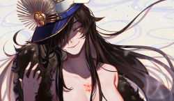 Rule 34 | 1girl, alternate eye color, artist name, black hair, black hat, breasts, cape, collarbone, command spell, commentary request, crest, evil smile, family crest, fate/grand order, fate (series), hair over one eye, hat, head tilt, koha-ace, long hair, looking at viewer, march ab, medium breasts, military, military hat, naked cape, oda nobunaga (fate), oda nobunaga (koha-ace), peaked cap, pink lips, red cape, smile, solo, tsurime, twitter username, upper body, yellow eyes