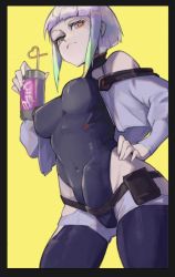 Rule 34 | 1futa, bodysuit, breasts, bulge, can, covered navel, cowboy shot, crazy straw, cyberpunk (series), cyberpunk edgerunners, drinking straw, eyeliner, from below, futanari, hand on own hip, heart straw, highres, hip vent, holding, holding can, imperator-shiro, long sleeves, looking at viewer, lucy (cyberpunk), makeup, medium breasts, multicolored eyes, multicolored hair, off-shoulder jacket, off shoulder, red eyeliner, red lips, short hair, short hair with long locks, skin tight, solo, yellow background