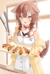 Rule 34 | 1girl, animal ears, braid, brown eyes, brown hair, croquette, dog ears, dog girl, dog tail, dress, holding, holding tongs, hololive, indoors, inugami korone, inugami korone (1st costume), jacket, long hair, off shoulder, open mouth, ringo amei, smile, solo, sparkling eyes, standing, tail, tongs, twin braids, virtual youtuber, white dress