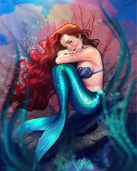 Rule 34 | 1girl, ariel (disney), curly hair, fingernails, fins, highres, long hair, looking at viewer, lukaswerneck, mermaid, monster girl, red hair, scales, shell, shell bikini, sitting, smile, solo, tail, the little mermaid, underwater