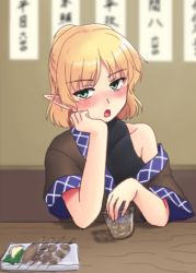 Rule 34 | 1girl, blonde hair, blush, drunk, food, green eyes, isaki (gomi), mizuhashi parsee, off shoulder, open mouth, plate, pointy ears, shirt, sitting, solo, table, touhou, undershirt