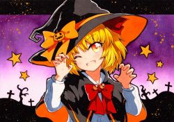 Rule 34 | 1girl, black border, black cloak, black hat, blonde hair, blush, border, bow, buttons, cloak, gem, gradient eyes, gradient sky, hair between eyes, hands up, hat, hat bow, jewelry, long sleeves, looking at viewer, multicolored eyes, one eye closed, open mouth, orange bow, pink sky, puffy long sleeves, puffy sleeves, purple sky, qqqrinkappp, red bow, red eyes, red ribbon, ribbon, rumia, shirt, short hair, sky, smile, solo, star (symbol), touhou, traditional media, upper body, white shirt, white sky, white sleeves, witch hat, yellow ribbon
