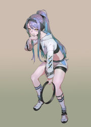 1girl absurdres bike_shorts black_hairband black_shirt blue_hair brown_background collarbone crop_top cropped_jacket drooling full_body gangzi_(vtuber) gradient_background hair_intakes hairband highres hood hood_down hooded_jacket jacket linea_alba lone_nape_hair long_hair long_sidelocks long_sleeves mouth_drool navel partially_unzipped ponytail ring-con ring_fit_adventure sake_goroke shirt shoes short_shorts shorts sidelocks sneakers socks solo stellive tearing_up thighs virtual_youtuber weapon white_footwear white_jacket white_shirt white_sneakers white_socks yellow_eyes