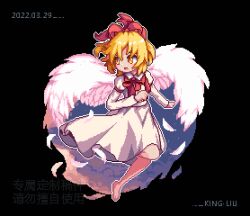 Rule 34 | artist name, barefoot, black background, blonde hair, bow, bowtie, commentary, dated, english commentary, feathered wings, feathers, full body, gengetsu (touhou), hair ribbon, king liu, long sleeves, looking to the side, open mouth, pixel art, red bow, red bowtie, red ribbon, ribbon, shirt, short hair, simple background, skirt, touhou, touhou (pc-98), white feathers, white shirt, white skirt, white wings, wings, yellow eyes