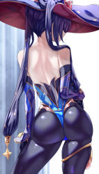 Rule 34 | 1girl, ass, back, bare shoulders, black gloves, black hair, black pantyhose, blue hat, blue leotard, bodystocking, breasts, detached sleeves, elbow gloves, genshin impact, gloves, gold trim, hat, hat ornament, highleg, highleg leotard, highres, leotard, long hair, medium breasts, mona (genshin impact), pantyhose, solo, thighlet, thighs, twintails, uenoryoma, witch hat
