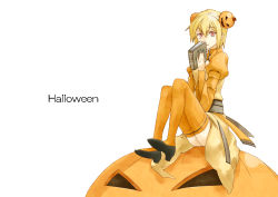 Rule 34 | 1girl, alternate color, arch bishop (ragnarok online), black footwear, black sash, blonde hair, book, bun cover, choukichi, closed mouth, commentary request, double bun, dress, full body, hair between eyes, hair bun, hair ornament, halloween, high heels, holding, holding book, jack-o&#039;-lantern, jack-o&#039;-lantern hair ornament, juliet sleeves, long sleeves, looking at viewer, orange dress, orange thighhighs, pink eyes, puffy sleeves, ragnarok online, sash, short hair, simple background, sitting, smile, solo, thighhighs, white background