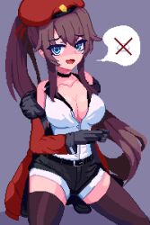 Rule 34 | belt, beret, black belt, black choker, black gloves, black shorts, black thighhighs, blue eyes, breasts, brodall pixel, brown hair, choker, cleavage, collarbone, commentary, commission, english commentary, female commander (girls&#039; frontline), fur-trimmed jacket, fur trim, girls&#039; frontline, gloves, hair between eyes, hat, highres, jacket, kneeling, large breasts, long hair, long sleeves, looking at viewer, off-shoulder jacket, off shoulder, open mouth, pixel art, ponytail, purple background, red hat, red jacket, shirt, shorts, simple background, sleeveless, speech bubble, tearing up, termichan (not-a-bot), thighhighs, very long hair, white shirt