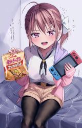 Rule 34 | 1girl, bed, belt, blush, bow, bowtie, breasts, brown hair, chigusa minori, chips (food), commentary request, controller, dress shirt, food, game controller, hair bow, holding, holding controller, holding food, holding game controller, jacket, large breasts, looking at viewer, momose akari, nintendo switch, off shoulder, open clothes, open jacket, open mouth, original, pantyhose, pink eyes, pink jacket, shirt, short hair, shorts, side ponytail, sitting, smile, solo, striped clothes, striped shorts, sweatdrop, translated, vertical-striped clothes, vertical-striped shorts, yellow shirt