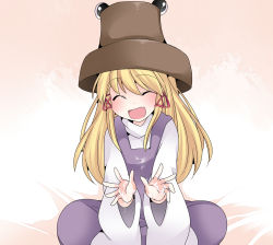 Rule 34 | 1girl, bad id, bad pixiv id, closed eyes, commentary request, cum, fang, hair ribbon, hammer (sunset beach), hat, indian style, long hair, long sleeves, moriya suwako, open mouth, purple eyes, ribbon, shirt, sitting, skin fang, smile, solo, sticky fingers, touhou, wide sleeves
