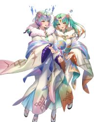 Rule 34 | 2girls, ahoge, aqua eyes, ball, breasts, bubble, crystal, cuboon, fire emblem, fire emblem heroes, floating, floating ball, floating object, forehead jewel, full body, heidr (fire emblem), highres, japanese clothes, jewelry, kimono, large breasts, looking to the side, multicolored hair, multiple girls, nintendo, non-web source, obi, official alternate costume, official art, open mouth, parted lips, purple hair, sandals, sash, second-party source, seidr (fire emblem), seidr (new year) (fire emblem), short hair, smile, solo, tabi, teeth, white background, yellow eyes, zouri