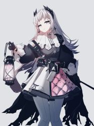 Rule 34 | 1girl, absurdres, ammunition belt, arknights, black dress, dress, earrings, feet out of frame, grey background, grey eyes, grey hair, gun, handgun, head wings, highres, holding, holding lantern, holstered, irene (arknights), jeon (user ywaw3774), jewelry, lantern, looking at viewer, multicolored clothes, multicolored dress, pantyhose, pink dress, scar, scar across eye, simple background, solo, weapon, white dress, white pantyhose, wings