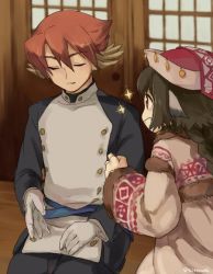 Rule 34 | 1boy, 1girl, age difference, ainu clothes, animal ears, anju (utawarerumono), aquaplus, braid, brown eyes, brown hair, closed eyes, from side, gloves, hair between eyes, hat, height difference, indoors, kitarune, long hair, long sleeves, looking at another, open mouth, ougi, parted lips, red hair, short hair, sidelocks, signature, sitting, sparkle, utawarerumono, utawarerumono: itsuwari no kamen, white gloves
