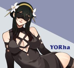 Rule 34 | 1girl, absurdres, bare shoulders, black blindfold, black dress, black hair, blindfold, blush, breasts, cleavage, dress, flower, hair flower, hair ornament, hairband, highres, large breasts, lipstick, long hair, looking at viewer, makeup, nier:automata, nier (series), porqueloin, red lips, sidelocks, solo, spy x family, yor briar, 2b (nier:automata)