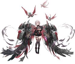 1girl absurdres ankle_boots anti-aircraft anti-aircraft_gun azur_lane bare_shoulders belt black_belt black_footwear black_gloves black_jacket black_thighhighs black_wings boots breasts center_opening cleavage_cutout clothing_cutout dragon duisburg_(azur_lane) feathered_wings feathers full_body gloves hair_over_one_eye highres jacket large_breasts long_sleeves looking_at_viewer medium_hair non-web_source off_shoulder official_art parted_lips purple_eyes red_hair rigging smile solo thigh_belt thigh_strap thighhighs torpedo_tubes underboob white_feathers white_hair wings