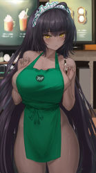 Rule 34 | 1girl, absurdres, apron, b-pang, bare shoulders, barista, black hair, blue archive, blush, bottomless, breasts, cleavage, collarbone, dark-skinned female, dark skin, green apron, highres, holding, holding marker, iced latte with breast milk (meme), karin (blue archive), large breasts, long hair, looking at viewer, marker, meme, naked apron, resolution mismatch, source smaller, thighs, topless, yellow eyes