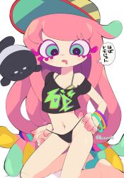 Rule 34 | 1girl, :o, alternate costume, barefoot, bed sheet, bikini, bikini bottom lift, bikini under clothes, black bikini, black skirt, blush, bracelet, breasts, colored eyelashes, commentary request, crop top, drooling, green eyes, green hair, hair flaps, hair ornament, hair scrunchie, harmony&#039;s clownfish (splatoon), harmony (splatoon), highres, jewelry, kiirono, lifting own clothes, long hair, looking down, mouth drool, multicolored hair, multiple bracelets, navel, nintendo, notice lines, off shoulder, open mouth, orange hair, pink hair, purple eyes, purple pupils, scrunchie, skirt, small breasts, solo, splatoon (series), splatoon 3, stomach, striped bikini, striped clothes, swimsuit, tentacle hair, thought bubble, translation request, twitter username, very long hair