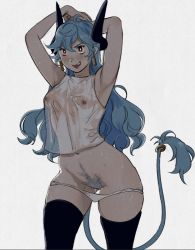 Rule 34 | 1girl, ahoge, armpits, arms up, black thighhighs, blue hair, blue pubic hair, blush, breasts, character request, colored pubic hair, copyright request, earrings, excessive pubic hair, female pubic hair, hair between eyes, highres, horns, jewelry, lafievr, long hair, navel, nipples, panties, panty pull, pubic hair, pussy juice, red eyes, see-through, see-through shirt, shirt, skindentation, small breasts, solo, tail, tail ornament, tail ring, teeth, thighhighs, thighs, underwear, wet, wet clothes, wet shirt, white background, white panties