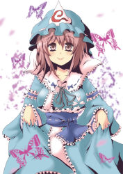 Rule 34 | 1girl, breasts, bug, butterfly, casvalnini, female focus, ghost, hat, bug, japanese clothes, pink eyes, pink hair, saigyouji yuyuko, solo, touhou, white background