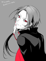 Rule 34 | 10s, 1boy, earrings, grey background, jewelry, kashuu kiyomitsu, limited palette, long hair, looking back, male focus, mole, mole under mouth, nail polish, ponytail, red eyes, red nails, red scarf, scarf, simple background, solo, touken ranbu, twitter username, upper body, zuwai kani