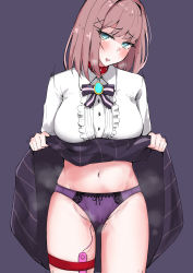 Rule 34 | 1girl, absurdres, black panties, blue eyes, blue gemstone, blush, bow, bow panties, bowtie, breasts, breath, brooch, brown hair, buttons, center frills, clothes lift, collar, collared shirt, controller, cowboy shot, crotch seam, female focus, frilled shirt, frills, gem, gluteal fold, groin, hair ornament, half-closed eyes, hands up, head tilt, highres, jewelry, kinji enu, large breasts, lifted by self, long hair, looking at viewer, miniskirt, navel, nijisanji, open mouth, panties, pinstripe pattern, pinstripe skirt, purple background, purple bow, purple bowtie, purple skirt, remote control, remote control vibrator, sex toy, shirt, sidelocks, simple background, skirt, skirt lift, solo, standing, steam, steaming body, stomach, striped, suzuhara lulu, suzuhara lulu (1st costume), tears, thigh strap, underwear, vibrator, vibrator cord, vibrator under clothes, vibrator under panties, virtual youtuber, white shirt, x hair ornament