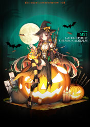 Rule 34 | 1girl, artist name, bat (animal), black hat, breasts, brown hair, candle, candy, character name, cleavage, commentary, copyright name, detached sleeves, english commentary, food, full moon, girls&#039; frontline, gun, hat, highres, jack-o&#039;-lantern, lollipop, long hair, looking at viewer, m21, m21 (gatekeeper of the magical realm) (girls&#039; frontline), m21 (girls&#039; frontline), medium breasts, moon, multicolored hair, official alternate costume, official art, promotional art, pumpkin, red eyes, red hair, rifle, sitting, solo, striped clothes, striped thighhighs, thighhighs, two-tone hair, weapon, witch hat