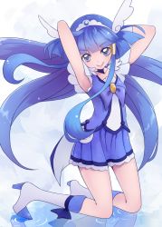 Rule 34 | 10s, 1girl, :p, aoki reika, armpits, arms behind head, arms up, bad id, bad pixiv id, bike shorts, blue dress, blue eyes, blue hair, blue skirt, blue theme, boots, choker, cure beauty, cure blue (aoryu), dress, hair tubes, head wings, knee boots, kneeling, long hair, magical girl, matching hair/eyes, precure, reflection, ryuuama, skirt, smile, smile precure!, solo, tiara, tongue, tongue out, water, white background, wings