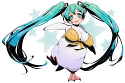 Rule 34 | 1girl, aqua eyes, aqua hair, artist name, bikini, bird, blue hair, breasts, commentary, english commentary, full body, gradient hair, hatsune miku, large breasts, long hair, looking at viewer, microphone, multicolored hair, one-piece swimsuit, open mouth, penguin, pikat, solo, standing, standing on one leg, striped bikini, striped clothes, swimsuit, teeth, upper teeth only, very long hair, vocaloid, yellow one-piece swimsuit