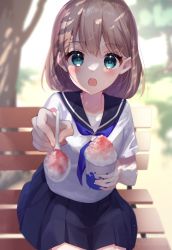 Rule 34 | 1girl, bench, blue eyes, blue neckerchief, blue sailor collar, blue skirt, blurry, blurry background, blush, breasts, brown hair, commentary request, cowboy shot, depth of field, food, grass, highres, holding, holding spoon, looking at viewer, medium hair, meronnpannpi, neckerchief, on bench, open mouth, original, outdoors, park, park bench, pleated skirt, pov, sailor collar, sailor shirt, school uniform, serafuku, shaved ice, shirt, short sleeves, sitting, skirt, small breasts, spoon, summer, teeth, tree, upper teeth only