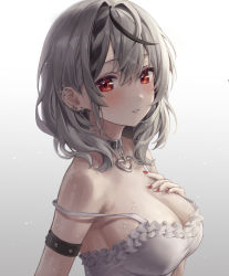 Rule 34 | 1girl, absurdres, aibek, arm strap, bad id, bad twitter id, bare shoulders, black choker, braid, breasts, camisole, choker, cleavage, ear piercing, earrings, frilled shirt, frills, gradient background, grey hair, hand on own chest, heart, highres, hololive, jewelry, large breasts, looking at viewer, multicolored hair, nail polish, parted lips, piercing, red eyes, sakamata chloe, shirt, short hair, sleeveless, sleeveless shirt, solo, spaghetti strap, strap slip, streaked hair, upper body, virtual youtuber, wet, white background, white shirt