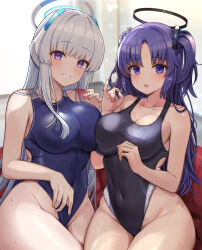 Rule 34 | 2girls, adjusting clothes, adjusting swimsuit, alternate costume, asymmetrical docking, black halo, black one-piece swimsuit, blue archive, blue eyes, blue halo, blue one-piece swimsuit, blunt bangs, blush, breast press, breasts, cleavage, collarbone, commentary, competition swimsuit, condom, condom wrapper, covered erect nipples, covered navel, cowboy shot, grey hair, grin, groin, halo, headphones, highleg, highleg swimsuit, highres, holding, holding condom, kihou no gotoku dmc, large breasts, long hair, looking at viewer, mechanical halo, multiple girls, noa (blue archive), one-piece swimsuit, parted bangs, parted lips, purple eyes, purple hair, red pupils, sitting, smile, straight hair, sweat, swimsuit, textless version, thighs, two side up, yuuka (blue archive)